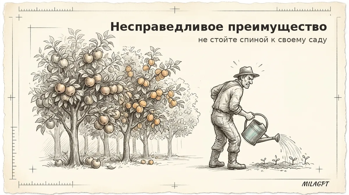 Рисунок: человек сердито поливает ростки, стоя спиной к фруктовым деревьям с урожаем